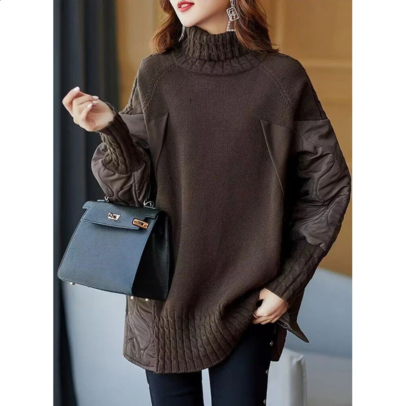 2024 Womens Parkas Autumn Winter Fashion Loose Mid Long Casual Splicing knitted Warm Female Jacket Outwear Overcoat Woman 240813