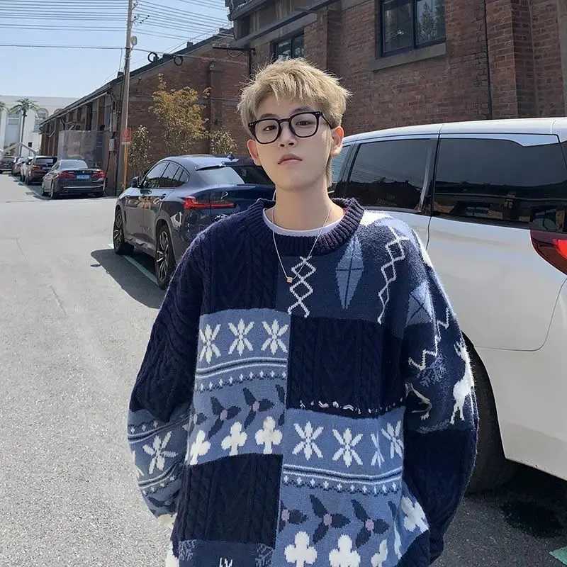 Korean lightweight brown sweater lazy high-end mens autumn and winter loose mens knitted jacket oversized topW240729