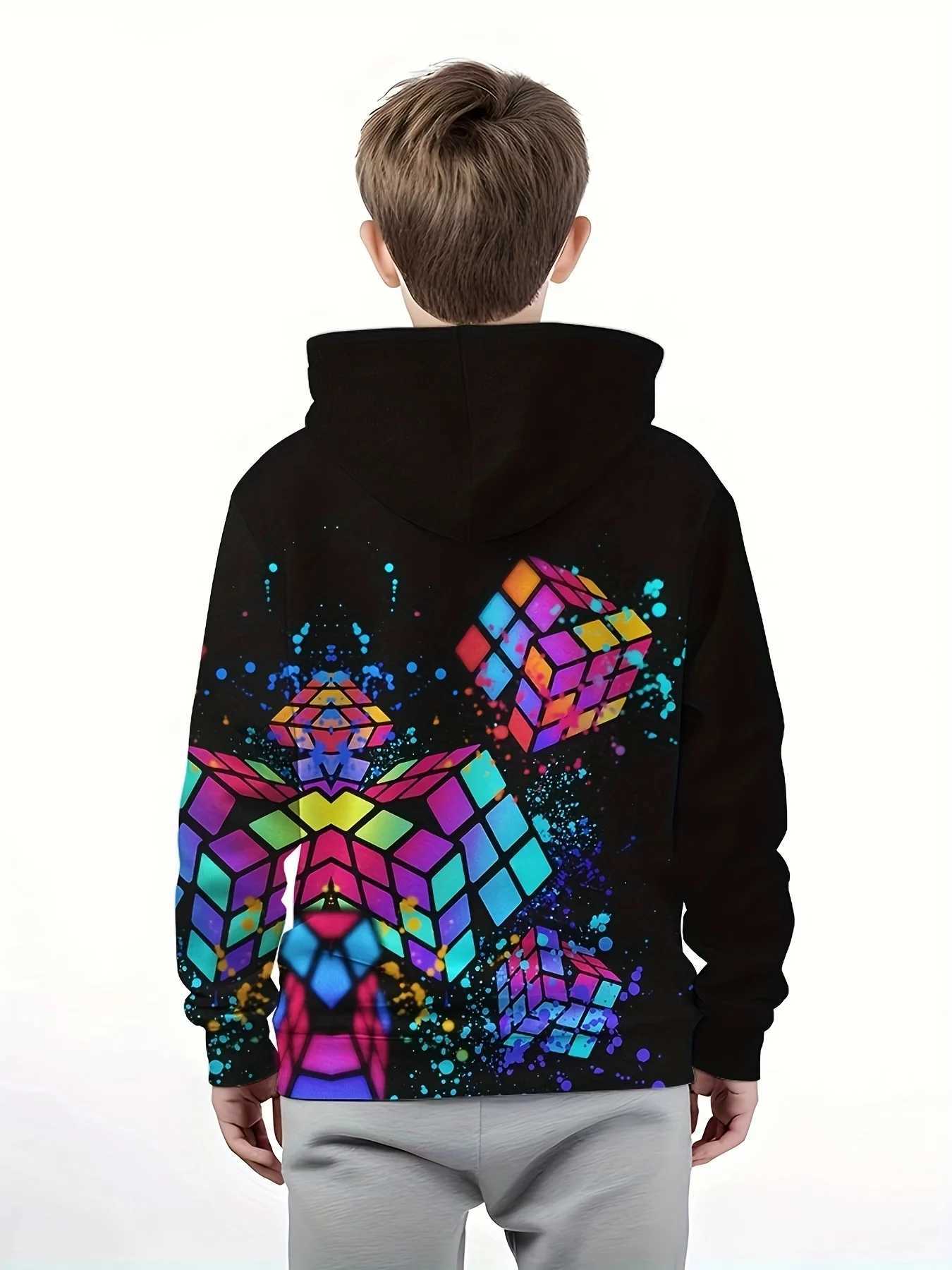 Colorful Jigsaw Cube Rubiks Cube 3d Print Boys Casual Pullover Long Sleeve Hoodies Boys Sweatshirt Spring Fall Kids Hoodie TopsY240814