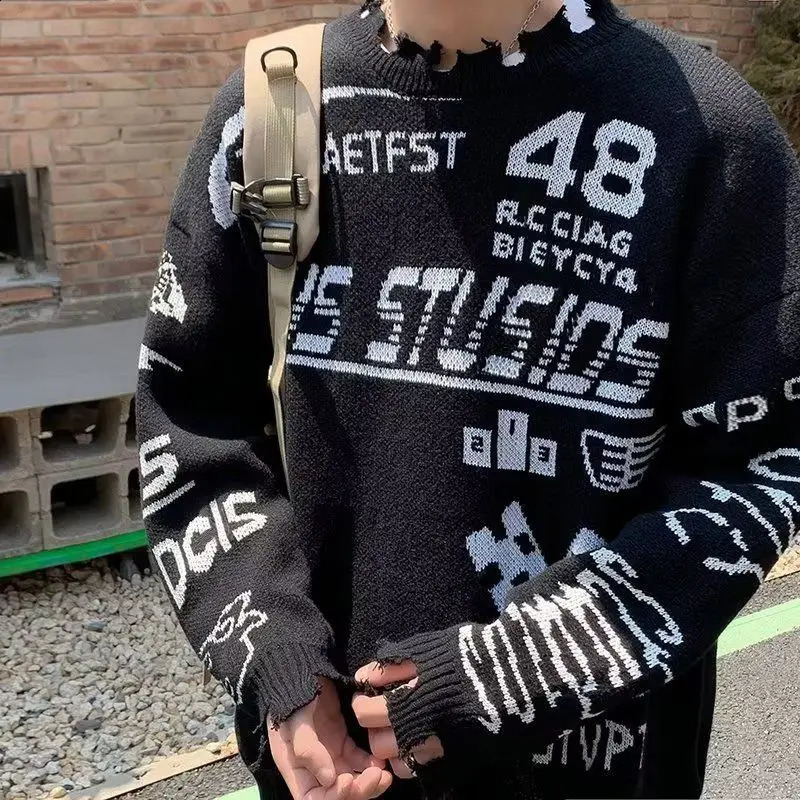 Y2k motorcycle style mens sweater Harajuku Gothic hip-hop knit pull off Korean fashion streetwear sweater 240829