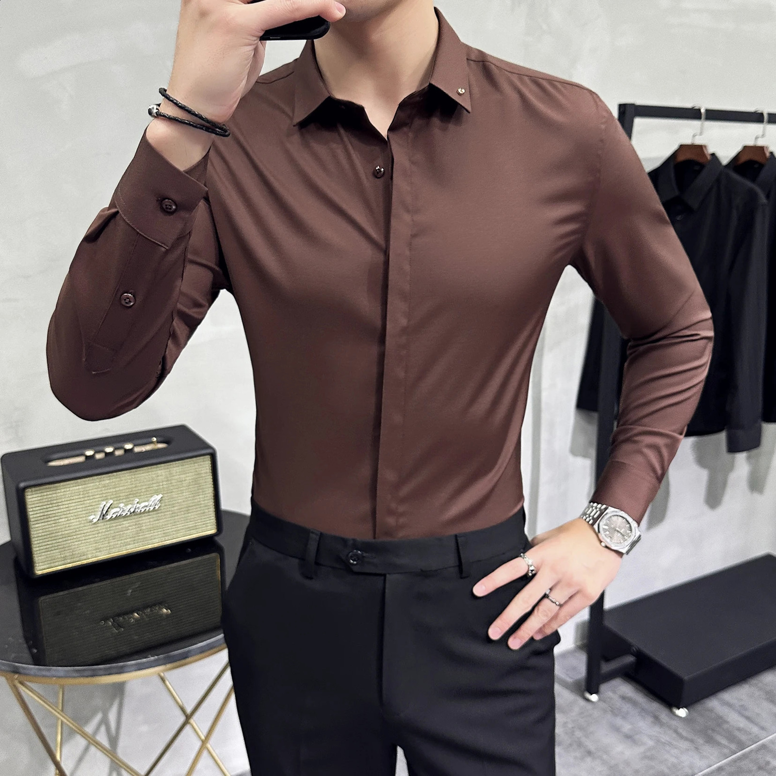 High Quality Solid Dress Shirt Men Simple Long Sleeve Slim Fit Business Shirts Homme Social Casual Shirt Plus Size 4XL-M 240816