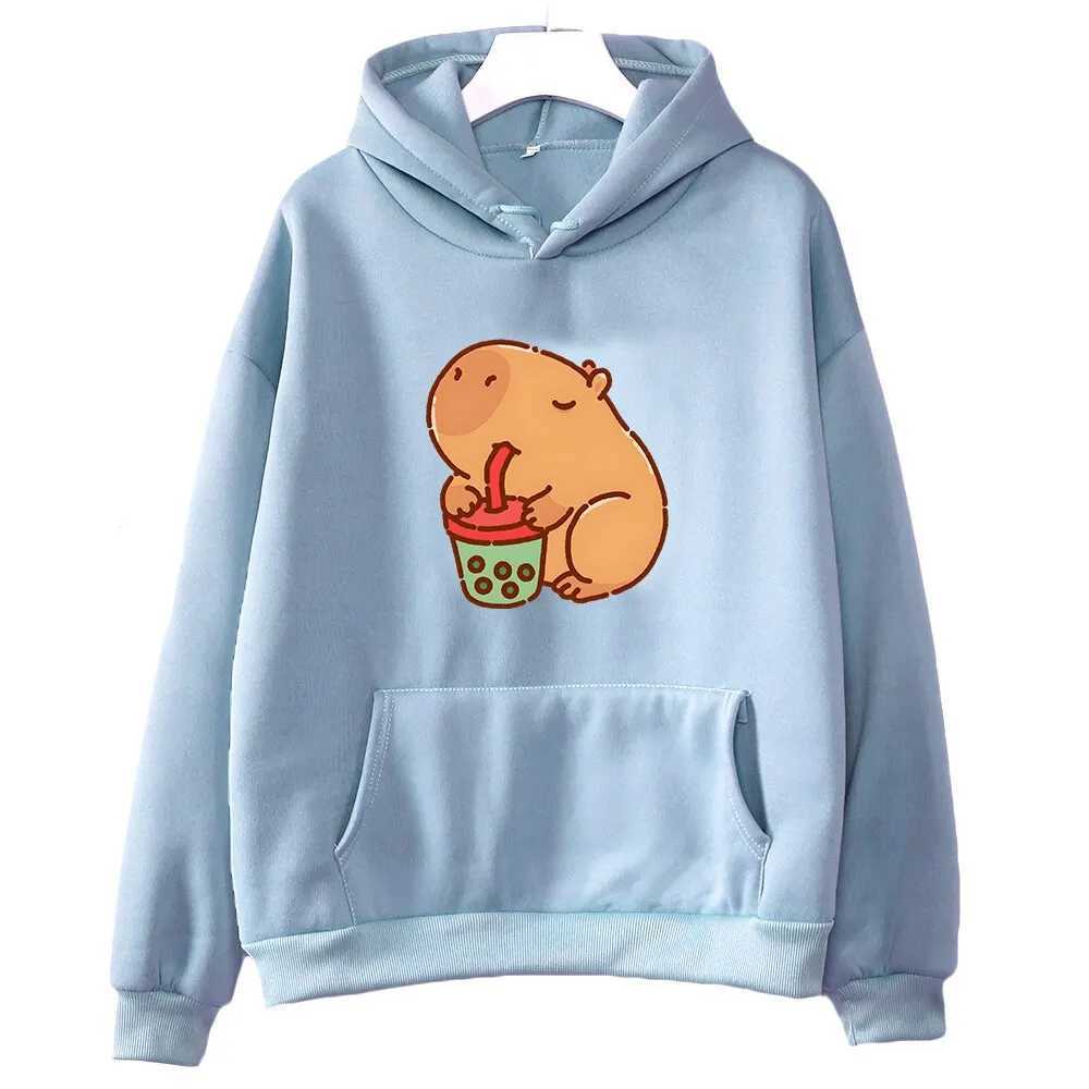 Capybara Drink Bubble Tea Hoodie Kawaii Animal Cartoon Graphic Sweatshirt Kids Clothes Girl Long Sleeve Hooded Boys Top HarajukuY240814