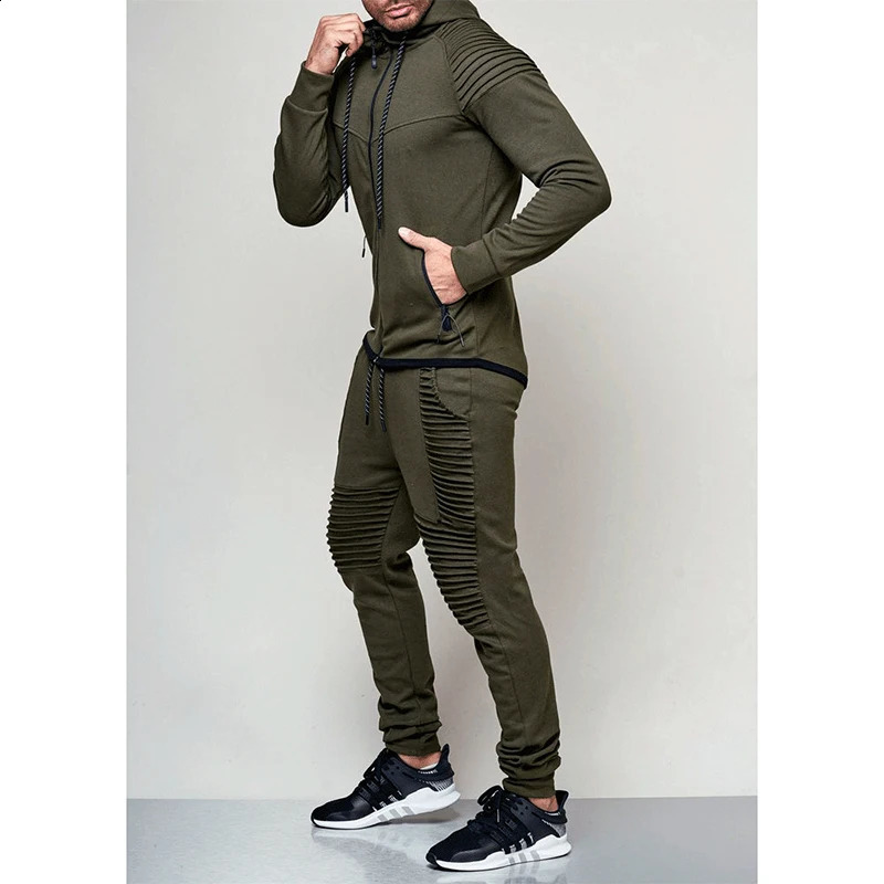 Autumn Winter Loose Casual Solid Color Hoodies Elastic Waist Pants Tset Men Hooded Zipper Drawstring Top Comfortable Trousers 240813