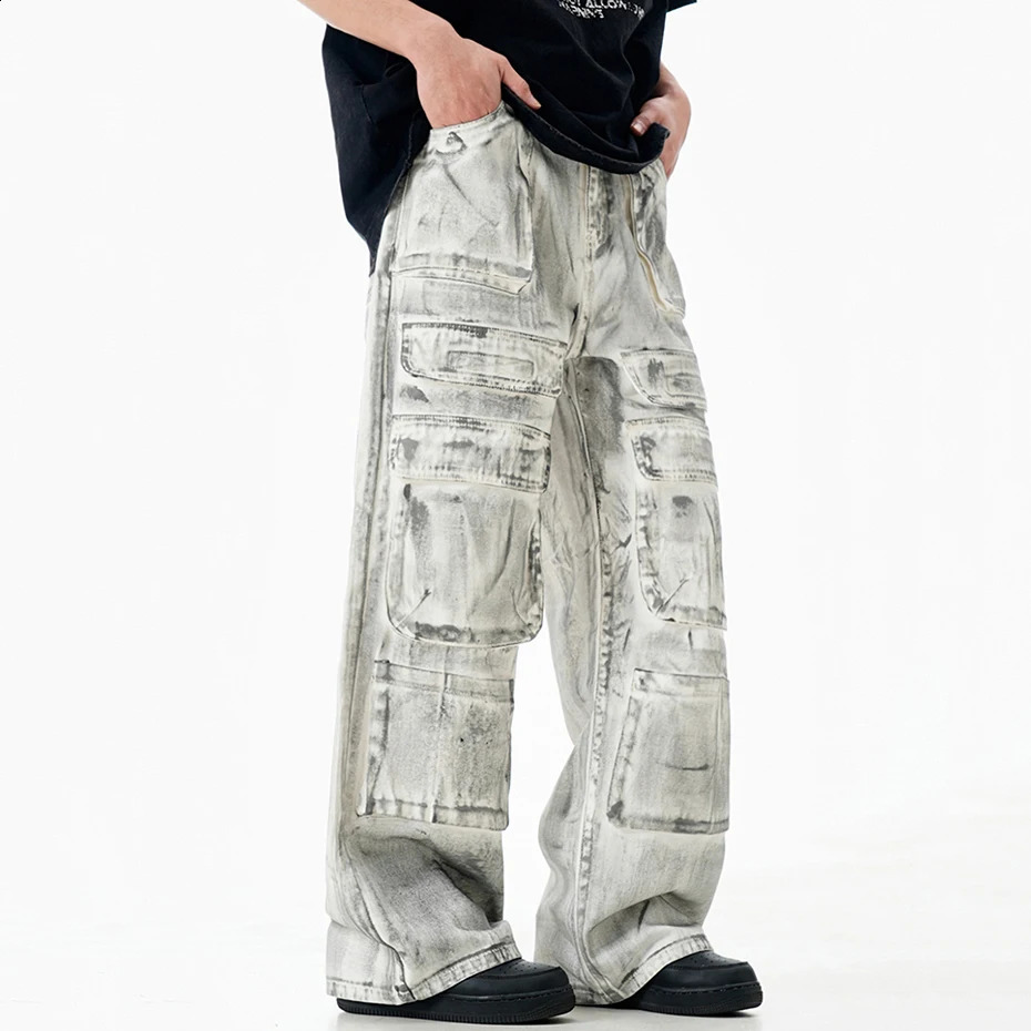 Dirty Cargo Jeans Wide Leg Loose Baggy Denim Pants Men Streetwear Hip Hop Jeans Trousers Multi Pocket White Trousers 240814