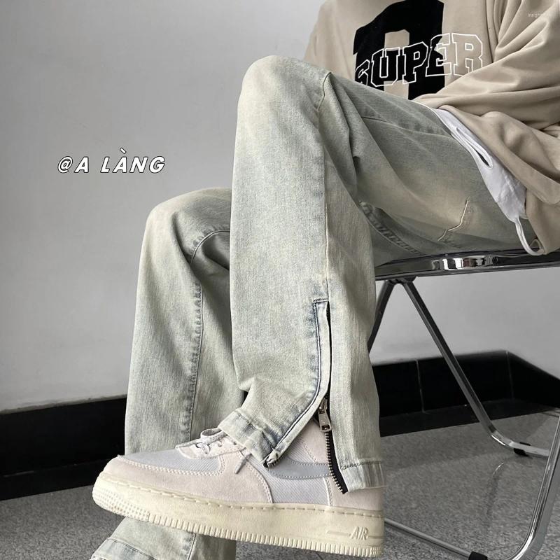 Men's Jeans Vintage Wash Straight-leg Denim Spring Autumn Side Zip American Style Trendy Brand Casual Streetwear