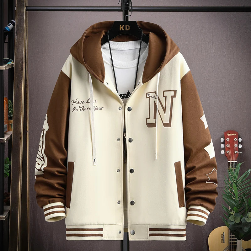 Trendy Hip Hop Hooded Baseball Uniform Unisex Lightweight Sportswear Jacket Mens Bomber Jackets Autumn Coat Letter Printed 240712