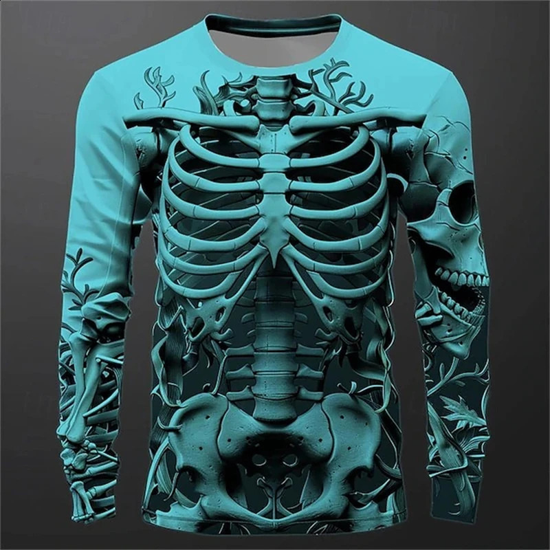 3D Print Skeleton Skulls Pattern T Shirts Men Long Sleeve Casual Fashion T-shirt Top Sweatshirt Breathable Streetwear Loose Tees 240814