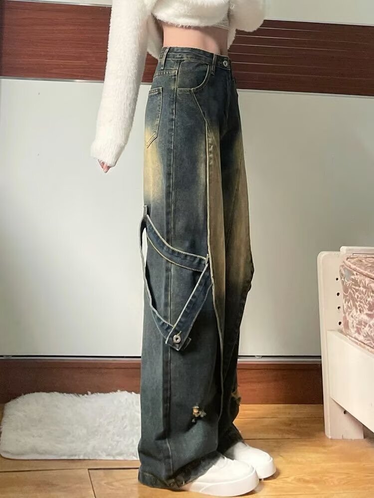 Washed distressed jeans, trendy hip-hop men's niche design, straight leg pants, American high street style