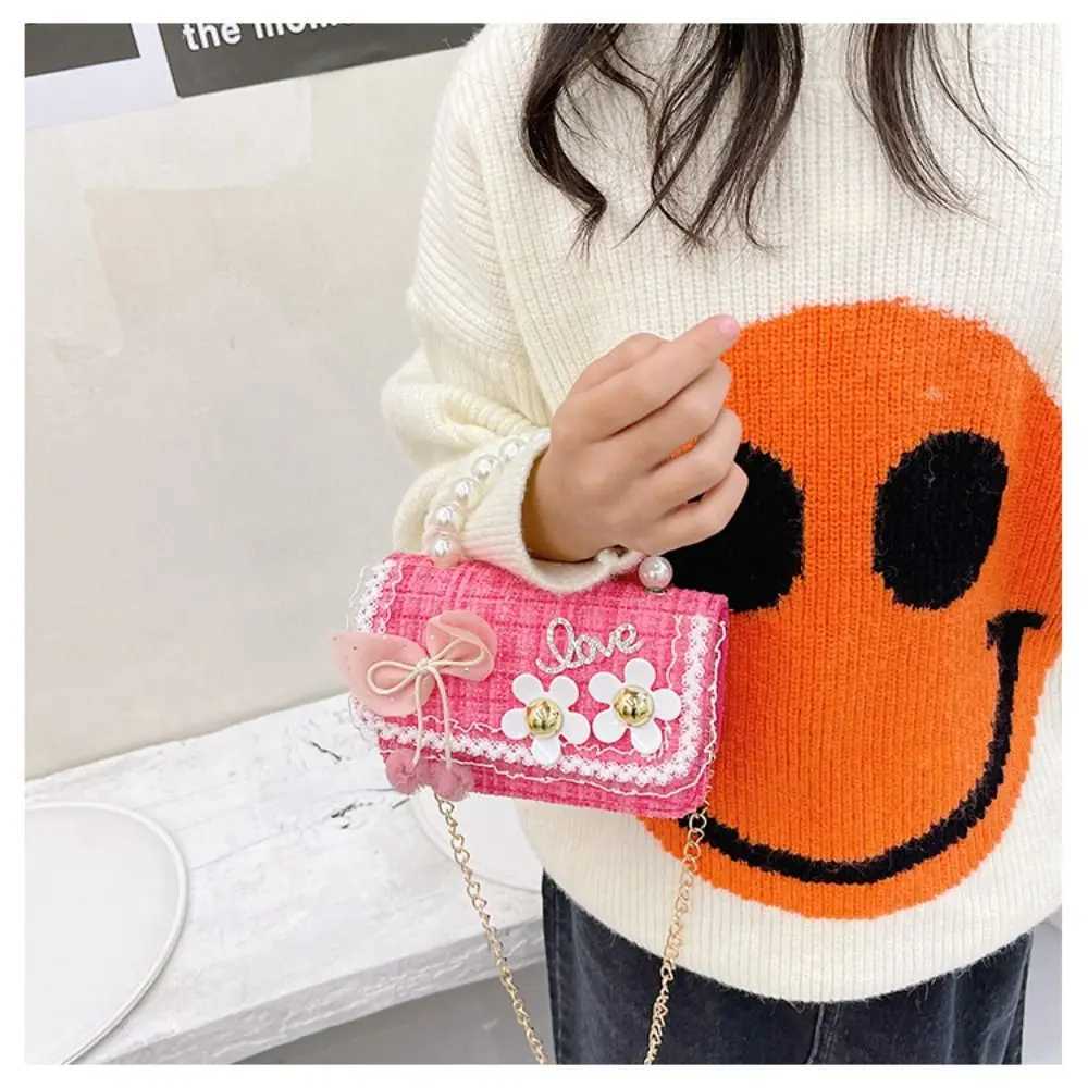 Cute flower pearl handbag childrens shoulder bag bow childrens square cross shaped bag baby girls wallet exchange handbag W240813