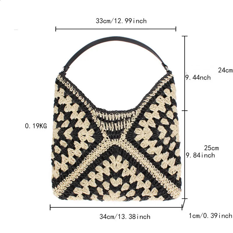 Womens Large Capacity Summer Straw Bag Latan Shoulder Hollow Lapia Crochet Bohemian Beach 240813