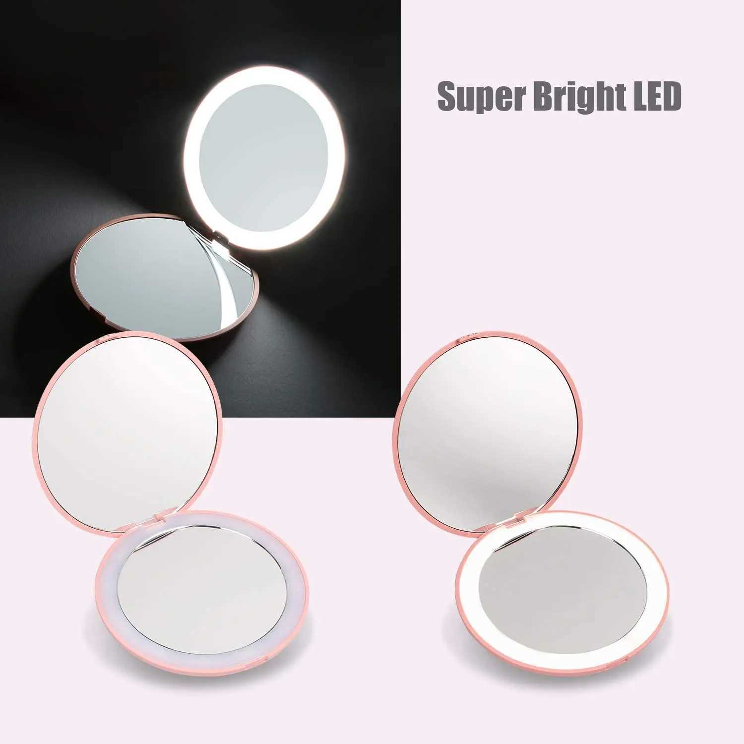 LED travel makeup mirror 3.5-inch compact illuminated mirror 3X magnifying glass handheld double-sided portable folding mirror W240813