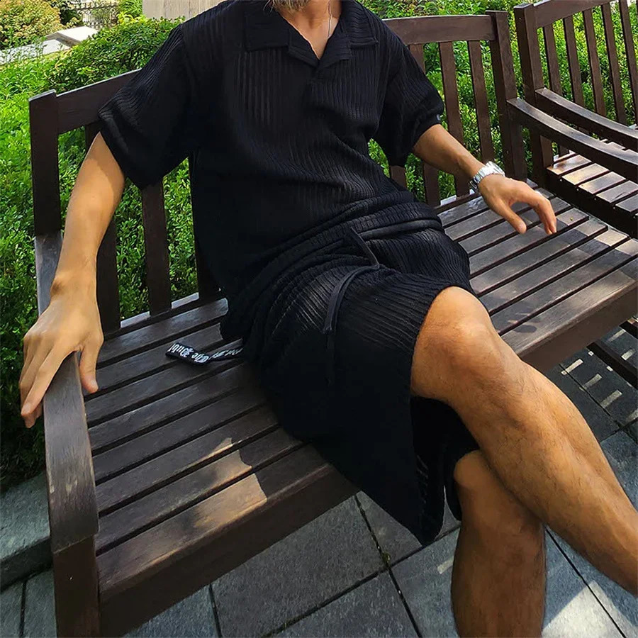 2024 Summer Knitted Short Sleeve Tshirt and Shorts Male Two Piece Set Streetwear Casual Solid Color Men Sports Suits Tops 240814