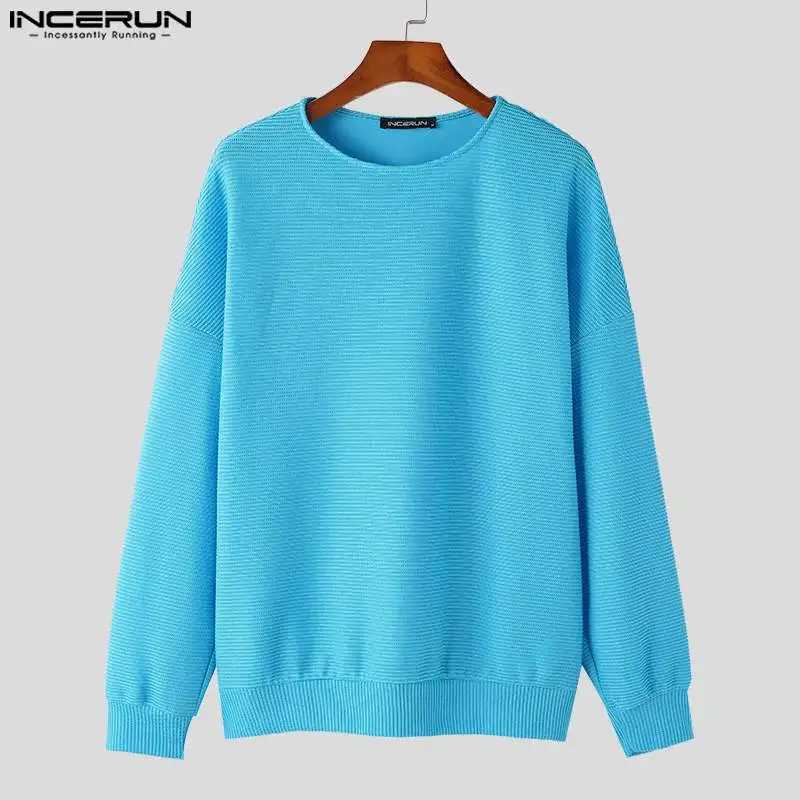 Mens sweater knitted solid loose O-neck long sleeved street clothing casual pull-out Korean mens clothing S-5XL INCERUNW240729