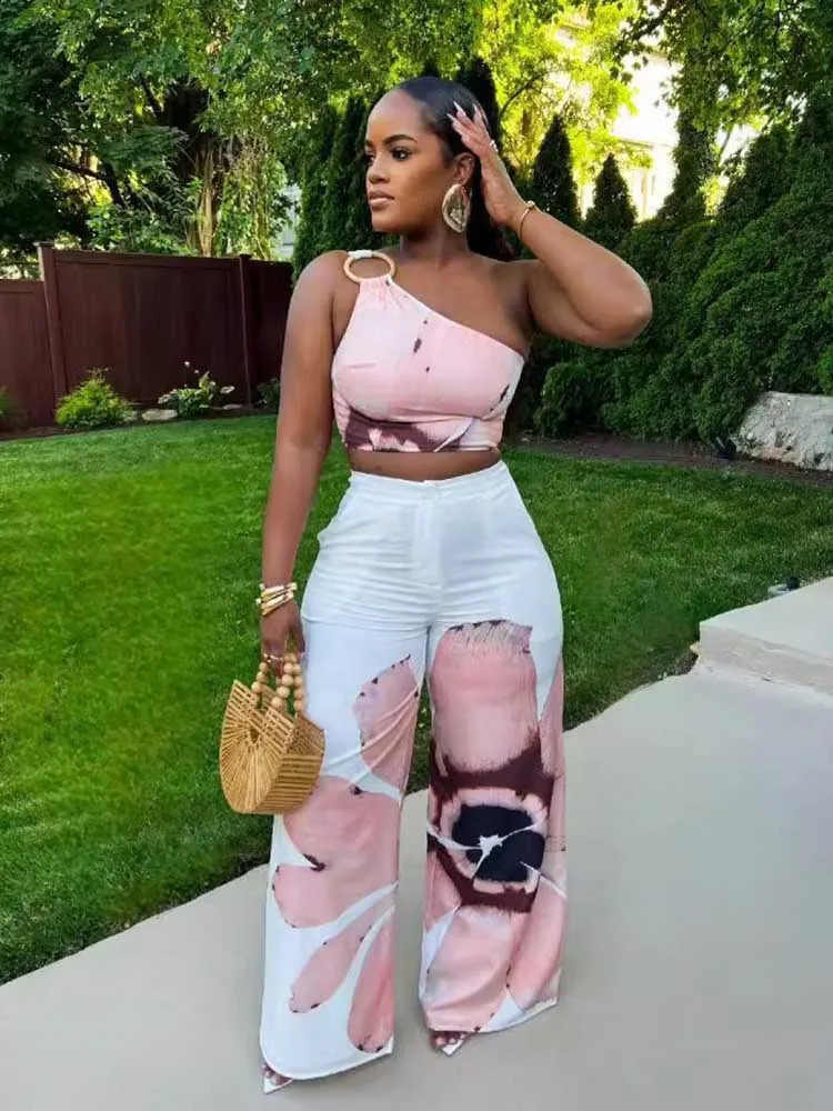 2 Piece Sets Women Outfit Casual Elegant Summer One Shoulder Tank and Long Pant Ladies Suits Sexy Wholesale Drop 240814