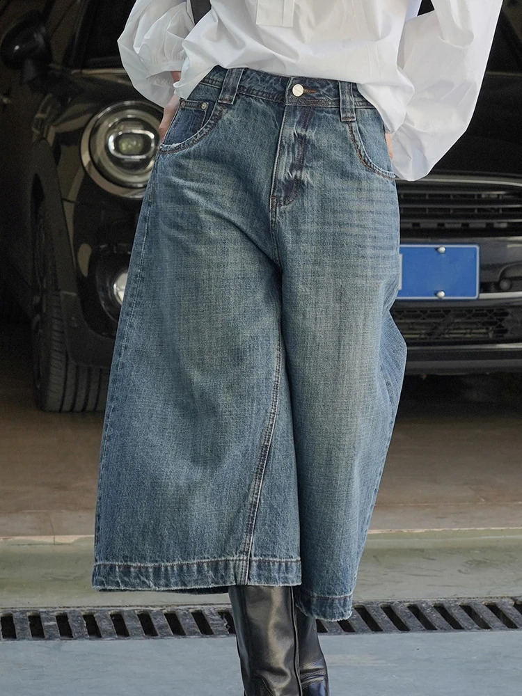 LANMREM High Waist A-line Loose Jeans For Women Straight Vintage Streetwear Solid Color Pant 2024 Spring Autumn Clothing 240813