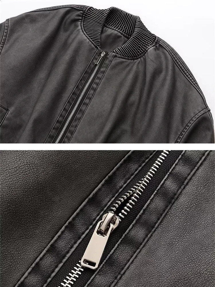 Bomber Leather Jacket Woman Fashion Faded-Effect Coat Vintage Casual Long Sleeve Outerwear Loose High Street Zip Jacket 240813