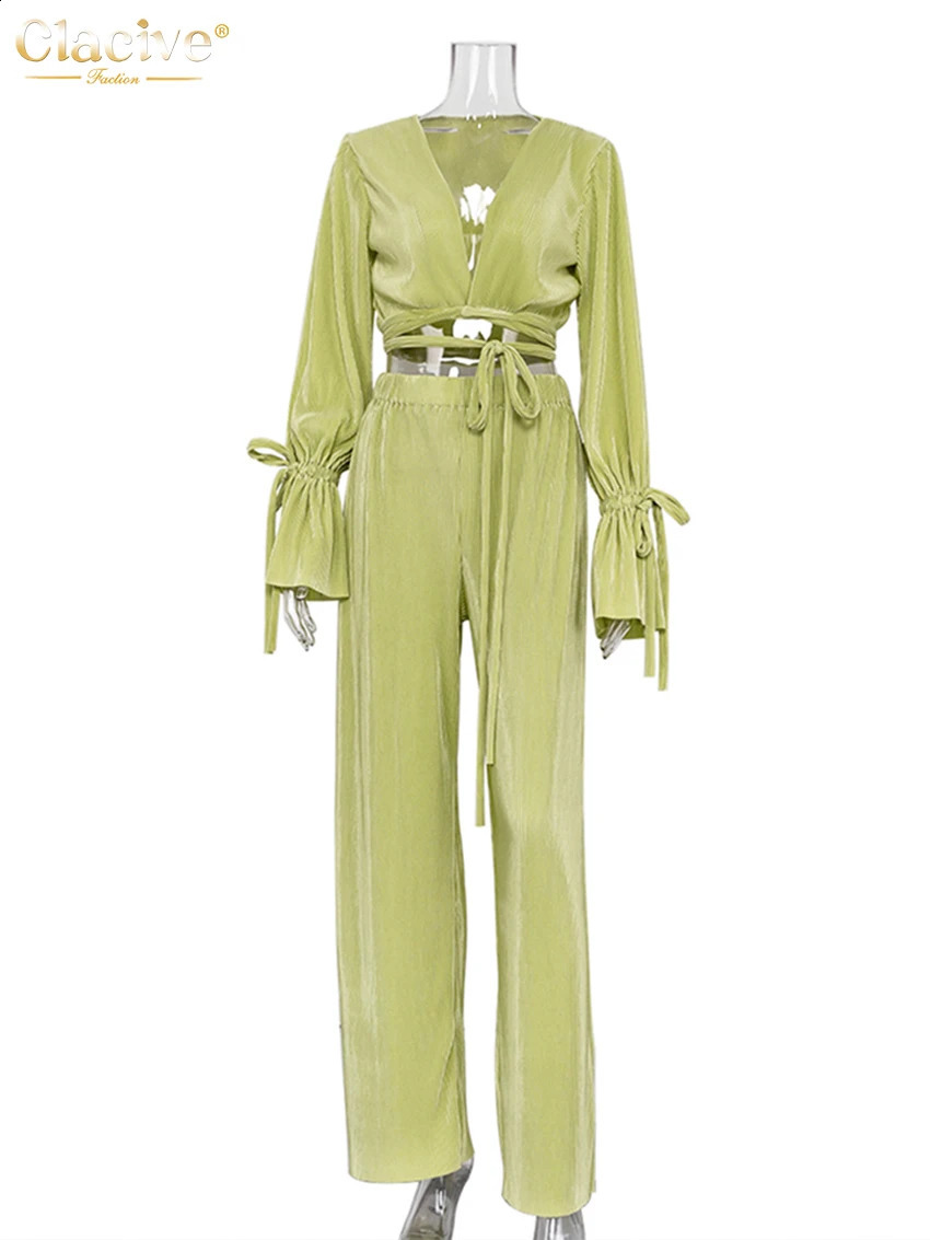 Clacive Sexy Green Pants Set Women Casual Loose Bandage Blouses Shirt Matching Wide Leg Trousers Suit Elegant 2 Piece Pant Set 240813