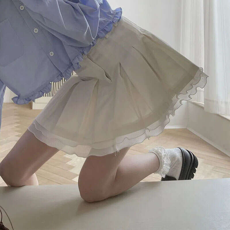Sexy Lace Patchwork Mini Skirts for Women Japanese Sweet Cute Black Pleated Tennis Woman Y2K High Waist Lolita Cake Skirt