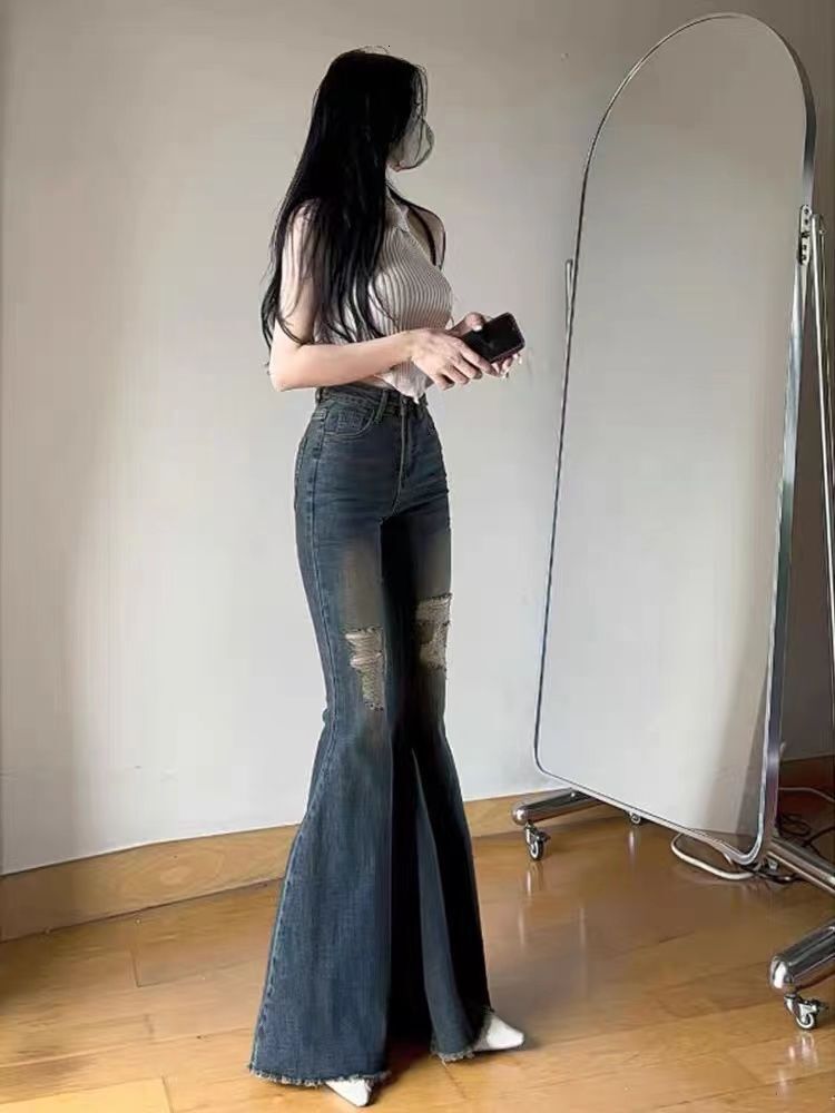Thin hole, big horn, elastic thin jeans, women's high waist, small stature, summer hot girl, horn pants