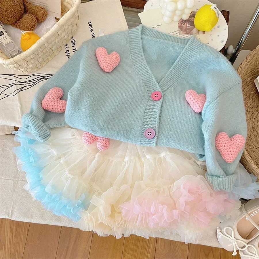 Korean childrens clothing sweater autumn winter coat 3D love knitted cardigan girl jacket baby girl clothing 2-8Y W240813