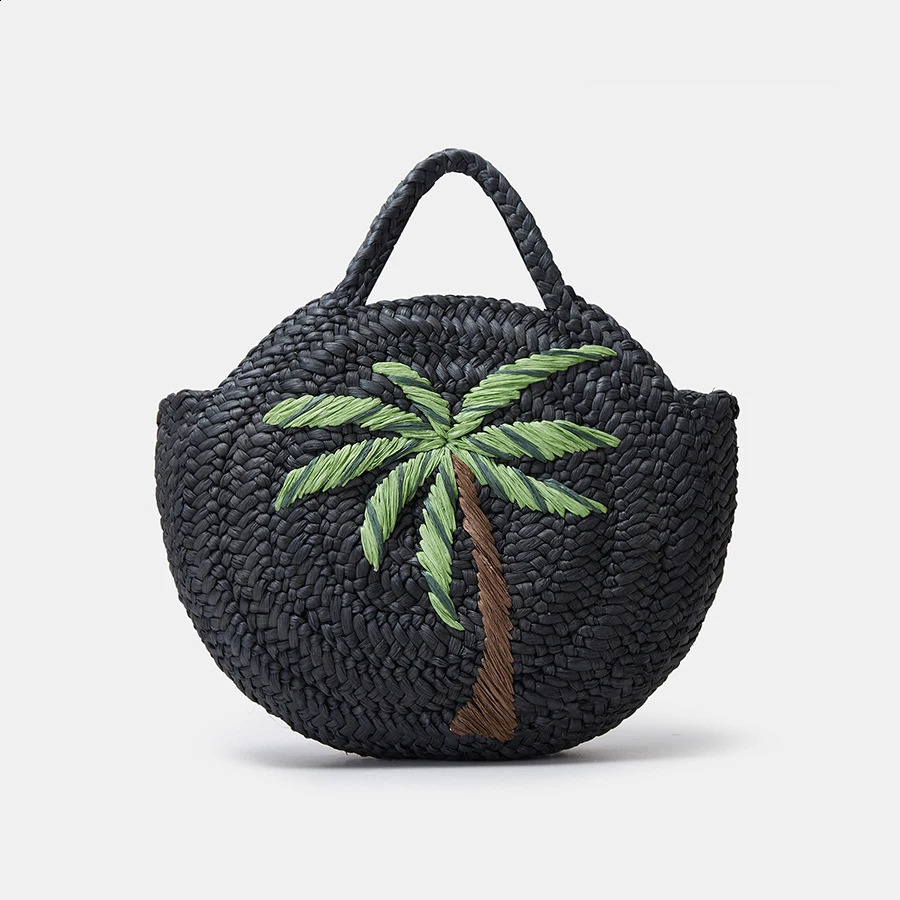 Fashion Coconut Tree Pattern Straw Women Handbags Round Corn Husk Woven Hand Bags Handmade Summer Beach Bag Large Tote Purses 240812