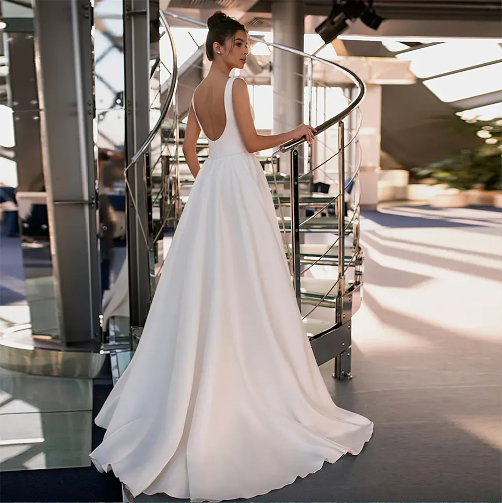 A-Line Satin Spaghetti Ruched Wedding Dress Beach Country Dress Backless Gown Vestidos de Novia Sweep Train Plus size Custom made