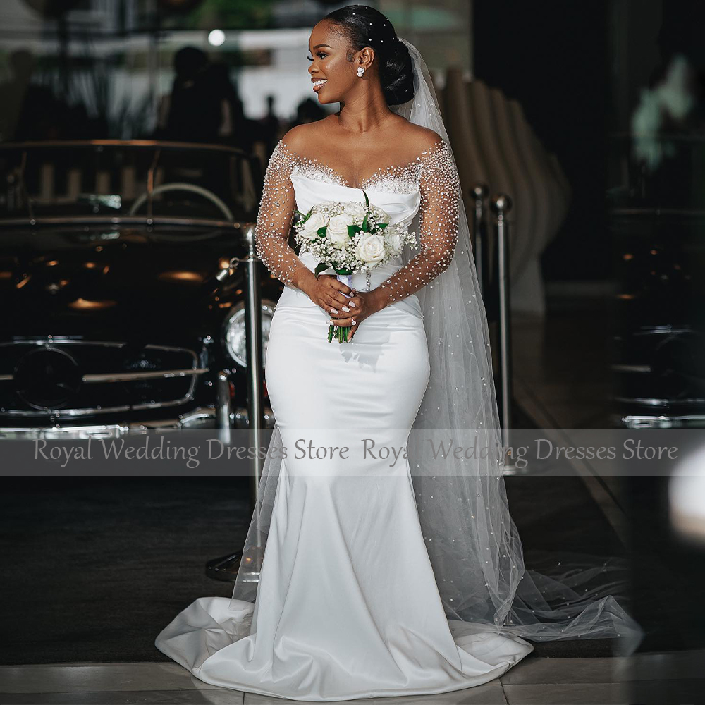 African Luxury Wedding Dress Pearls Long Sleeves White Satin Wedding Gowns for Women 2024 Bride Mermaid Trumpet Bridal Dresses