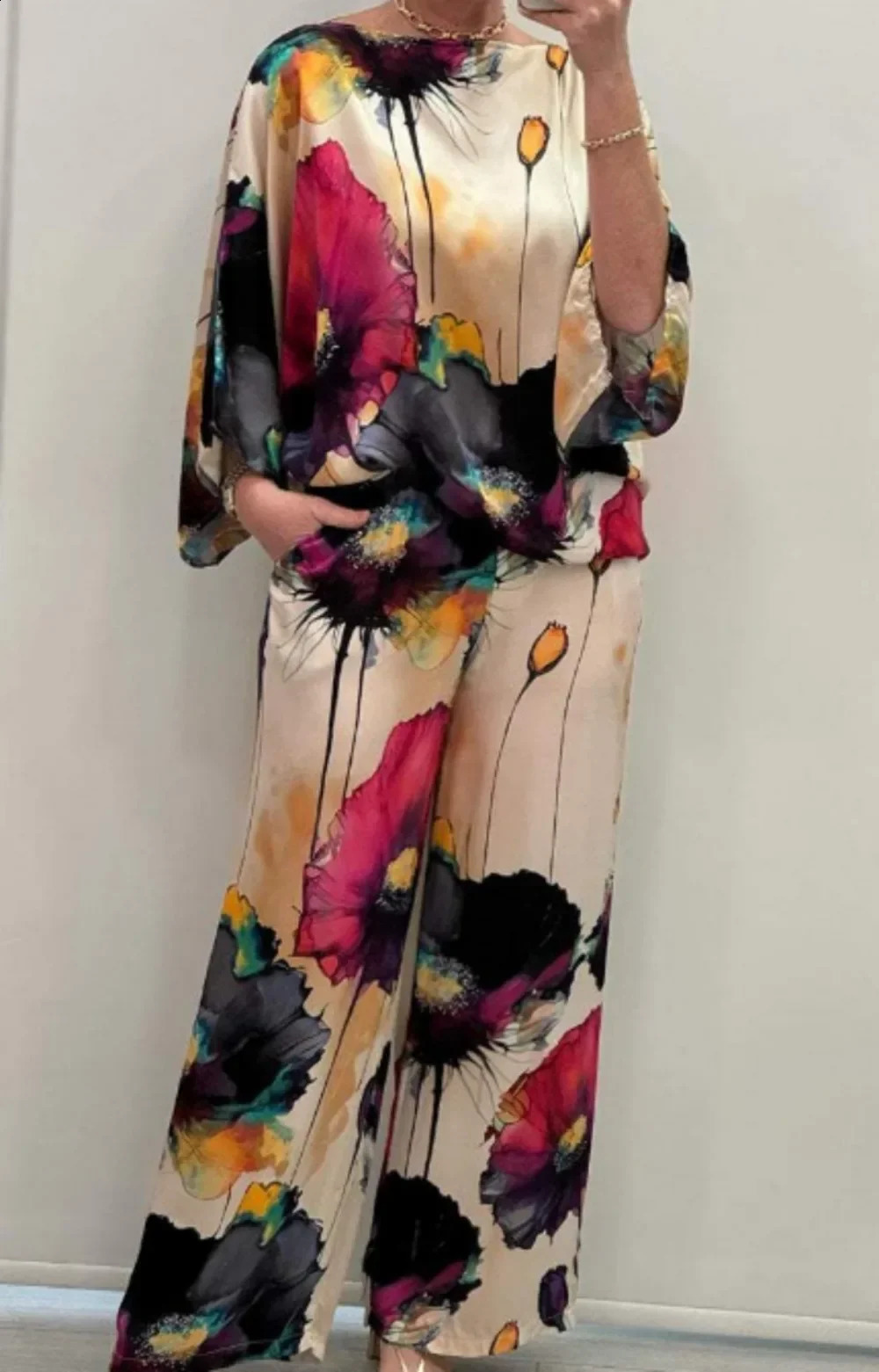 Spring Summer Fashion Satin Print Two Piece Set Women Causal OL Loose Round Neck Top Wide Leg Pants Two Piece Set Women 240813