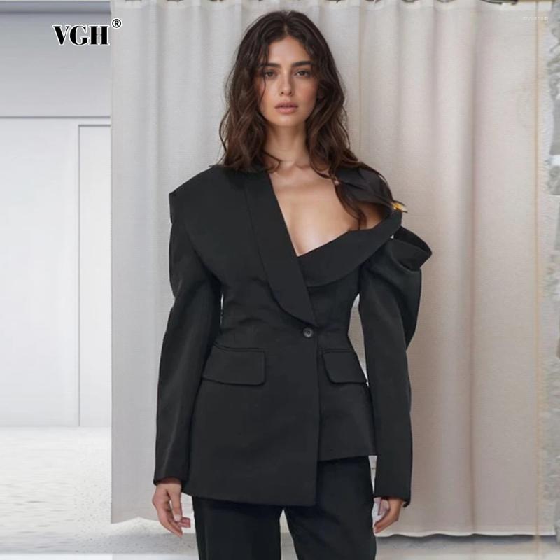 Women's Suits VGH Asymmetrical Blazers For Women Lapel Long Sleeve Off One Shoulder Solid Slim Spliced Pocket Blazer Female Fashion