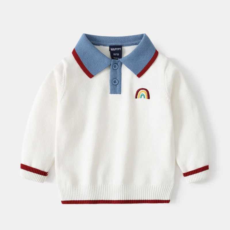 Autumn Toddler Boy Sweater Turn Down Collar Cartoon Embroidery Long Sleeve Baby Boy Pullover Loose Warm Striped Kid Boy KnitwearY240814