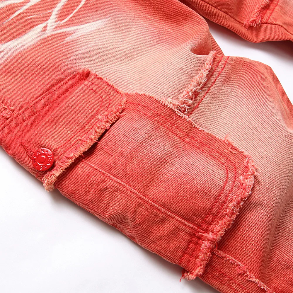 Men Multi Pockets Cargo Denim Jeans Red Fringe Non Stretch Cotton Pants Slim Straight Trousers 240814