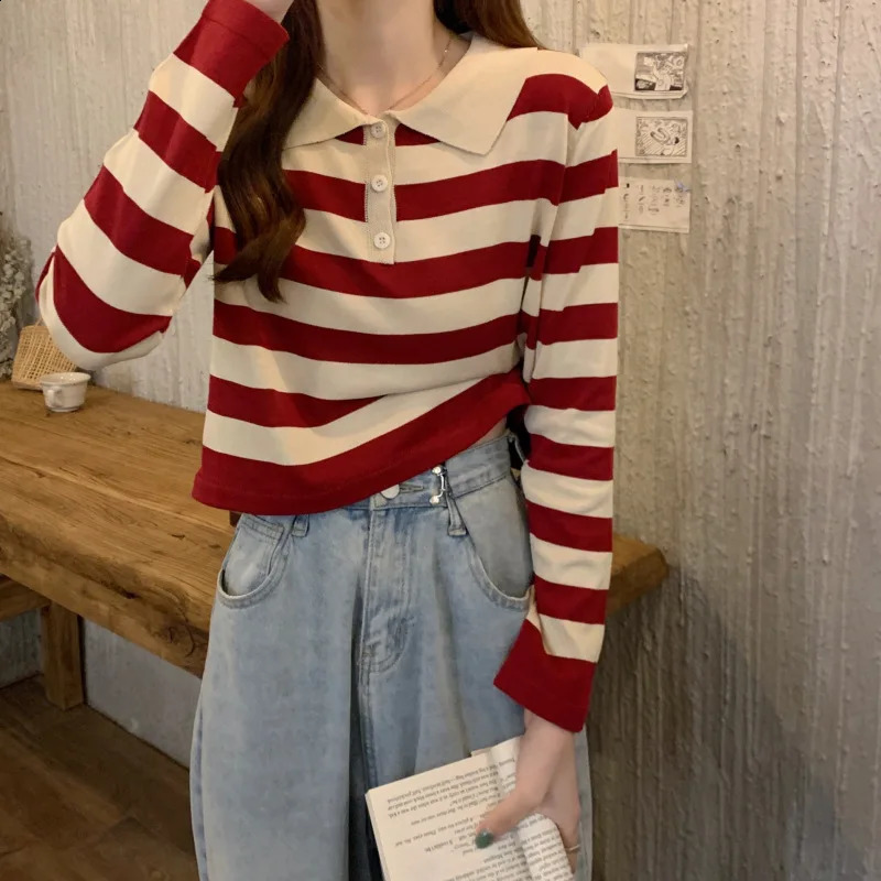 Striped Womens Knitted Polo T-shirt Long Sleeve Young Elegant Style High Quality Fashion Knitted Top Classic Blue 240827