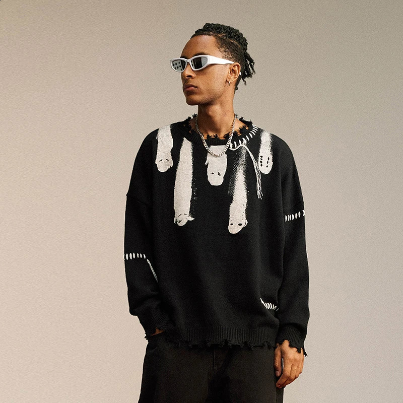 Hip Hop Y2K Streetwear Sweaters for Men Tassel Grunge Ripped Ghost Print Knitted Jumpers Harajuku Casual Pullovers Sweaters Men 240821
