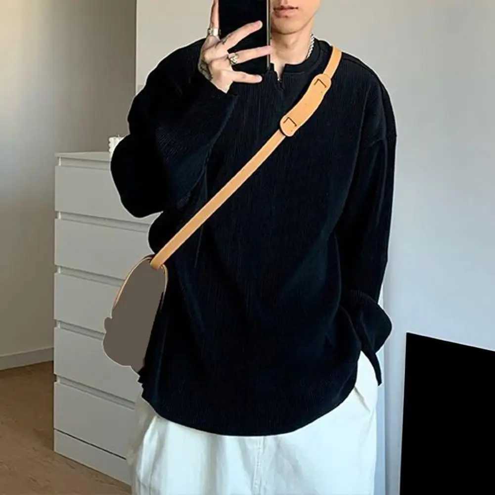 Men Long Sleeve Tops Versatile Mens Streetwear Ribbed Stripes V-neck T-shirt Loose Fit Long Sleeve Pullover Tops for SpringM240814