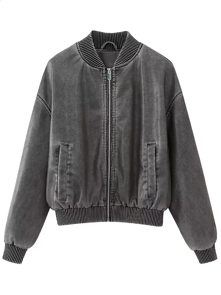 Bomber Leather Jacket Woman Fashion Faded-Effect Coat Vintage Casual Long Sleeve Outerwear Loose High Street Zip Jacket 240813