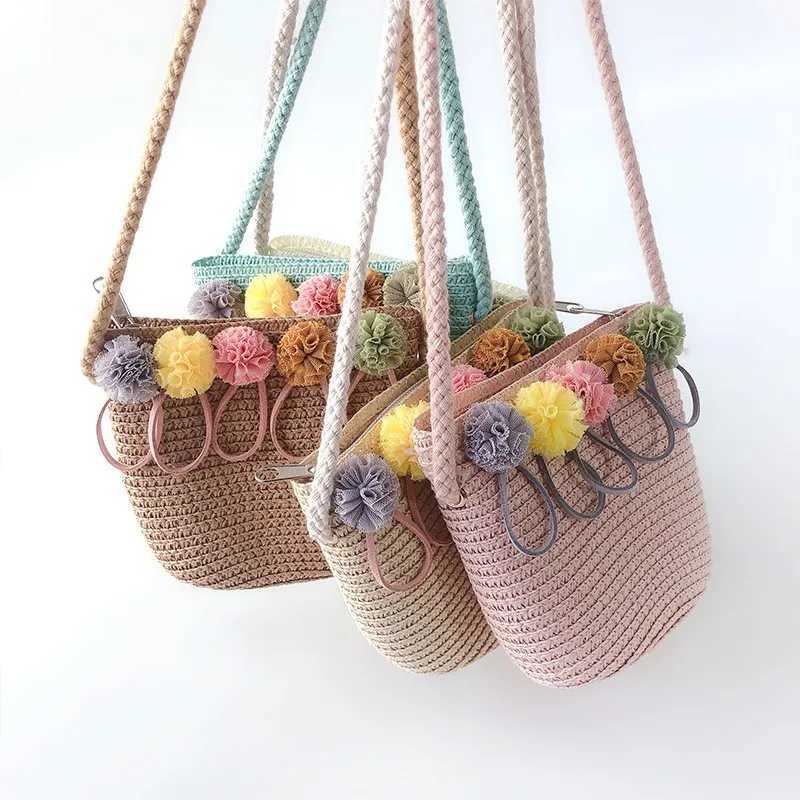 Childrens Shoulder Bag Girls Fashion Straw Childrens Cross Body Bag Sweet Flower Princess Preschool Messenger Bag W240813