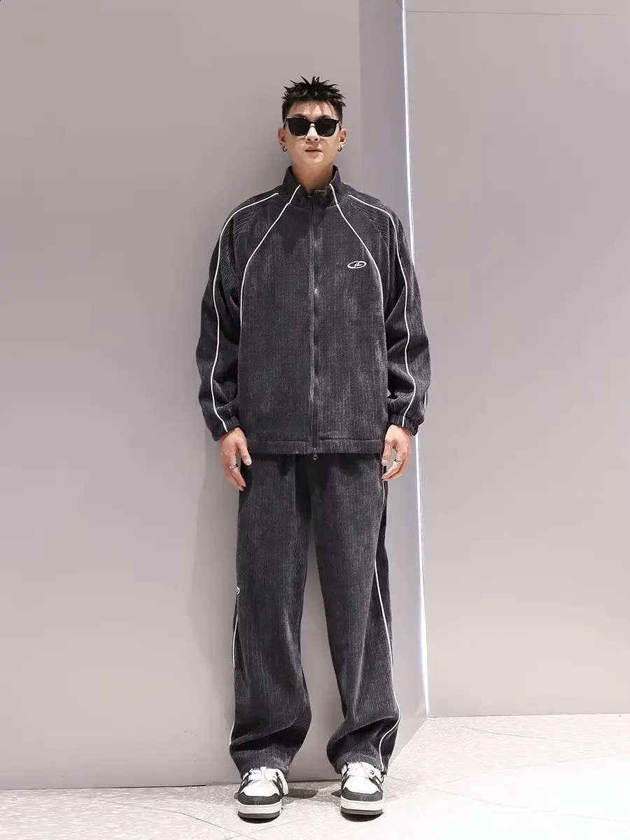 Sportswear mens jacket Corduroy autumn winter plush jacket casual pants two-piece set Pantalon Pour womens sportswear240813