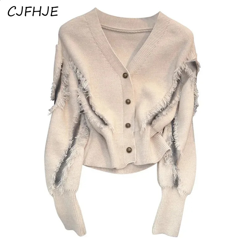 CJFHJE V-Neck Metal Button Knitted Women Fashion Tassel Bottom Cardigan Sweater Coat Casual Solid Color Womens Sweater 240813