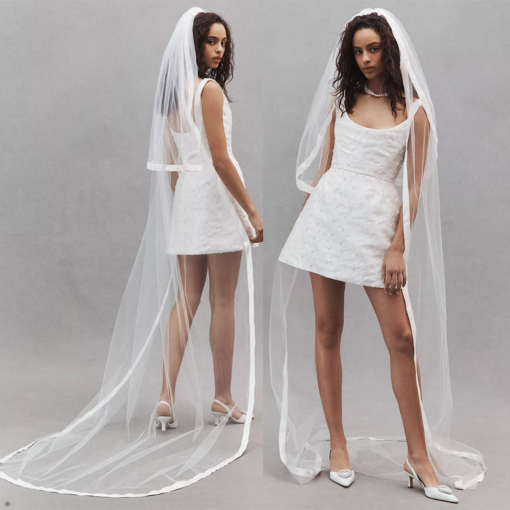 Simple Wedding Veil Two Layer Long Ribbons Chapel Length Veils Ribbon Edge Custom Made Bridal Accessories High Quality