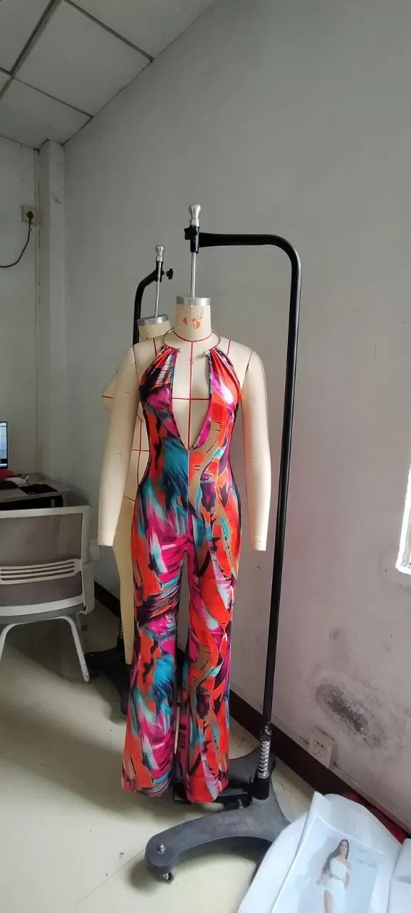 CM.YAYA Women Tie Dye Print Wide Leg Straight V-Neck Sleeveless Jumpsuits 2024 Summer Night Club Playsuit One Piece Suit Romper 240813