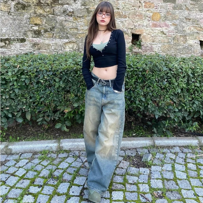 Streetwear Fashion Solid Color Washed Baggy Jeans Women Y2K Harajuku Vintage Gothic Casual Joker High Waist Wide Leg Pants 240813