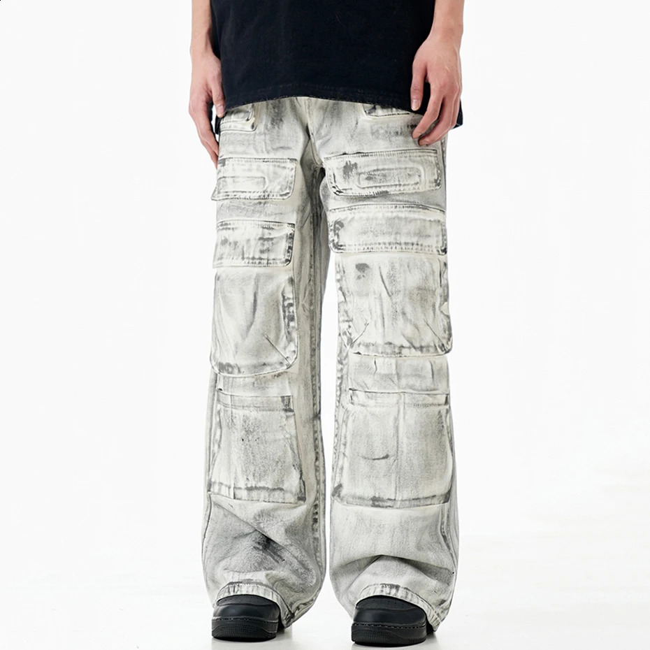 Dirty Cargo Jeans Wide Leg Loose Baggy Denim Pants Men Streetwear Hip Hop Jeans Trousers Multi Pocket White Trousers 240814