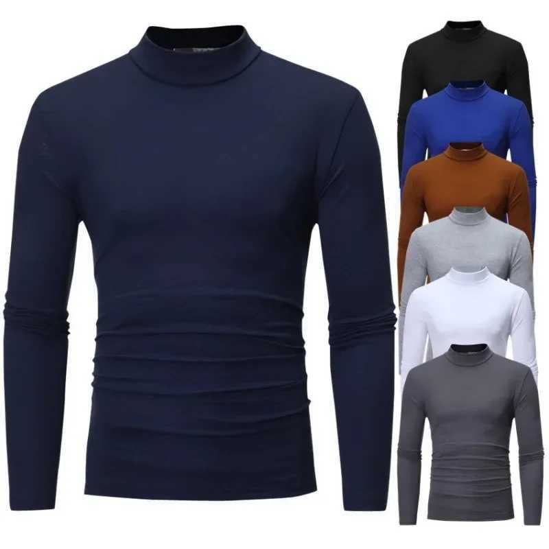 New Spring and Autumn Mens Casual Solid Color High Collar Winter Mens Slim Fit Long Sleeve T-shirt UnderlayM240814