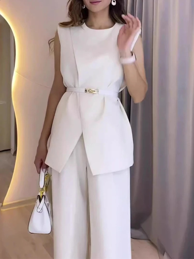 Round Neck Belt Sleeveless White High Waist Tops Solid Color Wide Leg Long Pants Slim Fit Elegant Two Piece Sets Women Pants Set 240813