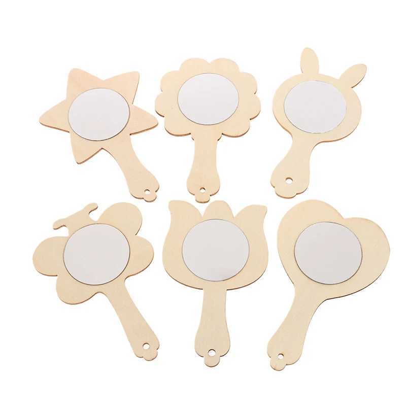 Mirror Diy unfinished wooden blank portable paddle handle beauty handle toy craft painting makeup wooden childrens travel hand W240813