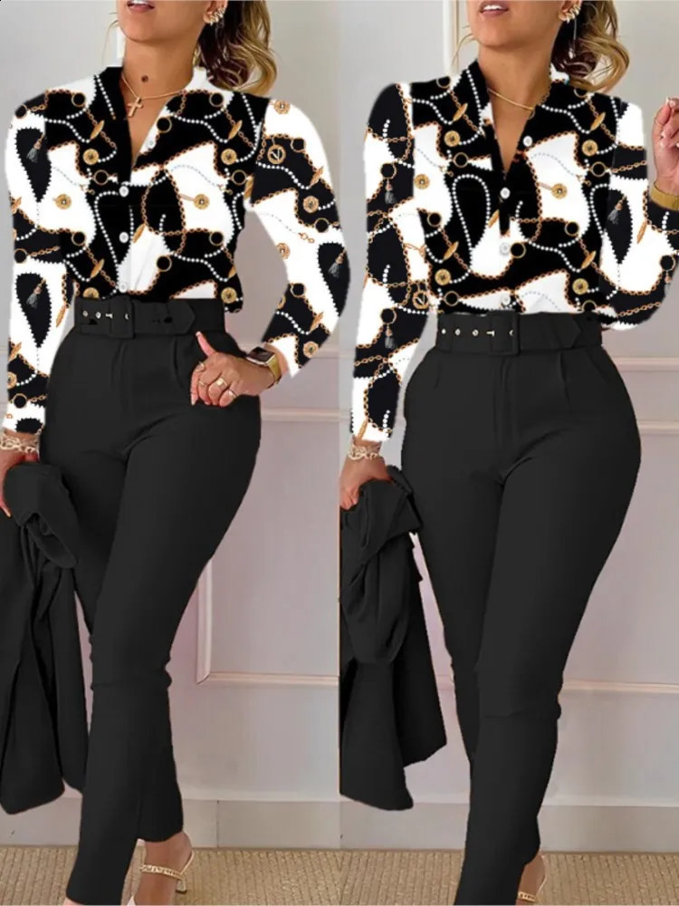 Elegant Women Printed Two Piece Suit Sets Spring Autumn V Neck Long Sleeve Shirt Top Long Pants Set With Belt Workwear Outfits 240814
