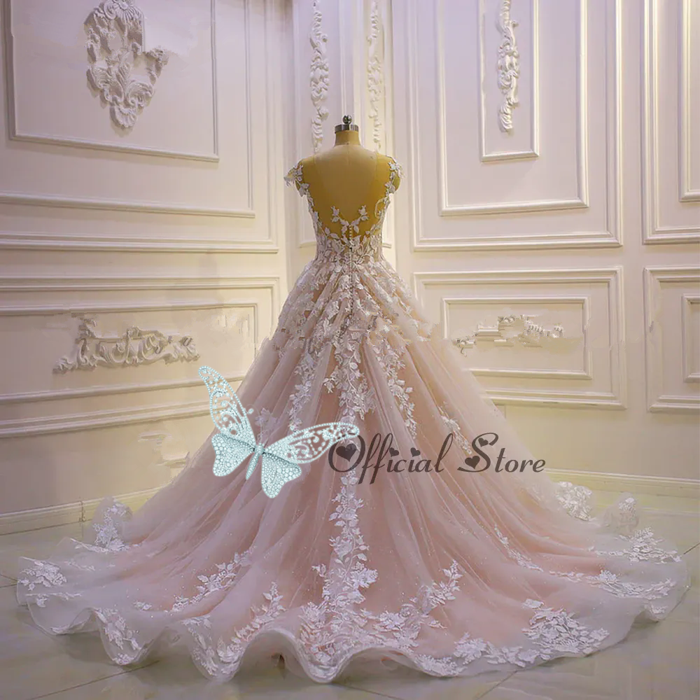 Glamorous Tulle Wedding Gown For Bride Ball Gown Lace Appliques Scoop Neck Robe De Mariee Made To Order