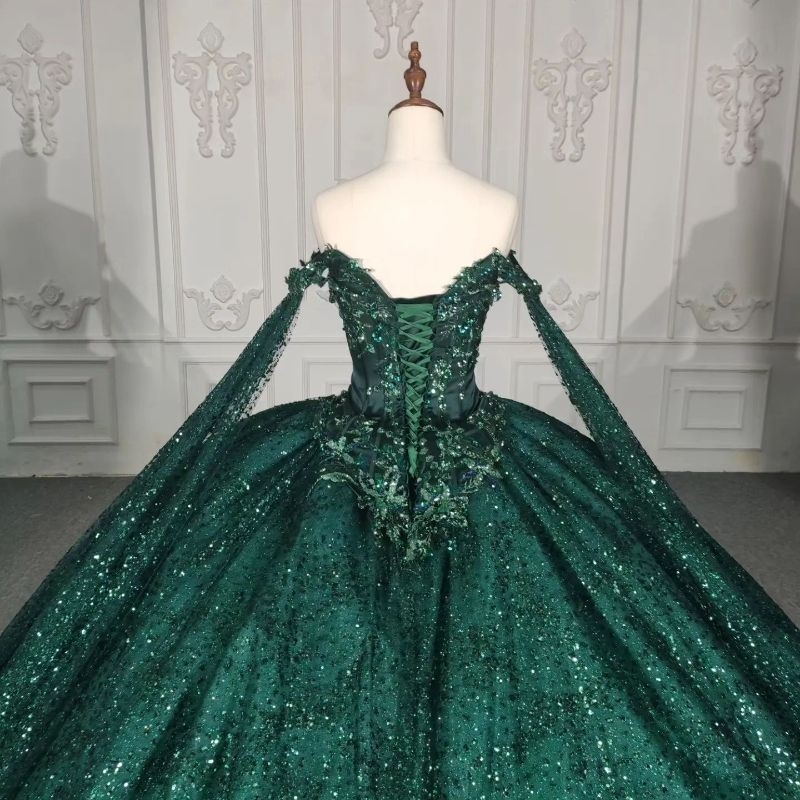 Blackish Green Shiny Off The Shoulder Quinceanera Dress Ball Gown Birthday Party Beaded Tull With Cape Sweet 16 Vestido De 15 Anos