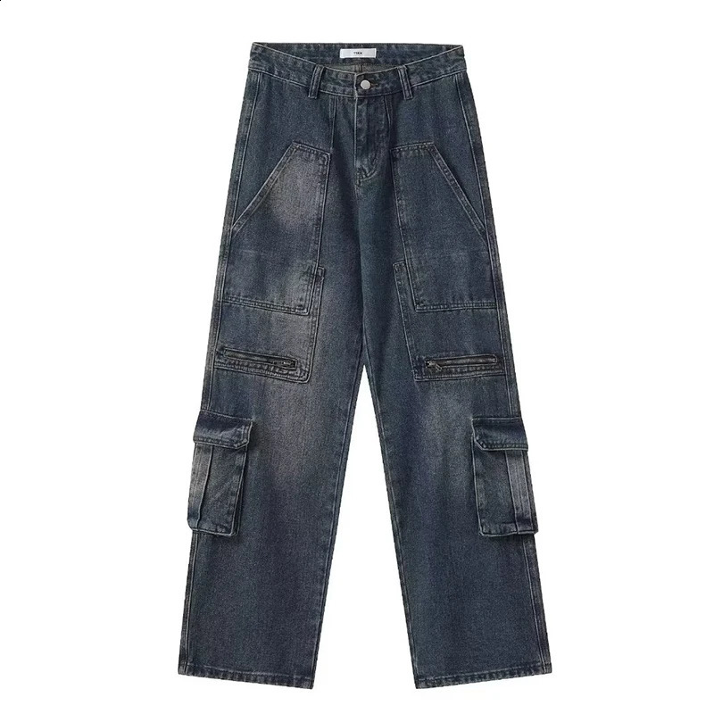 American streetwear mens multi pocket cargo jeans Y2K retro wide leg denim pants hip-hop fashion bag Jean Hombre Trousers240813