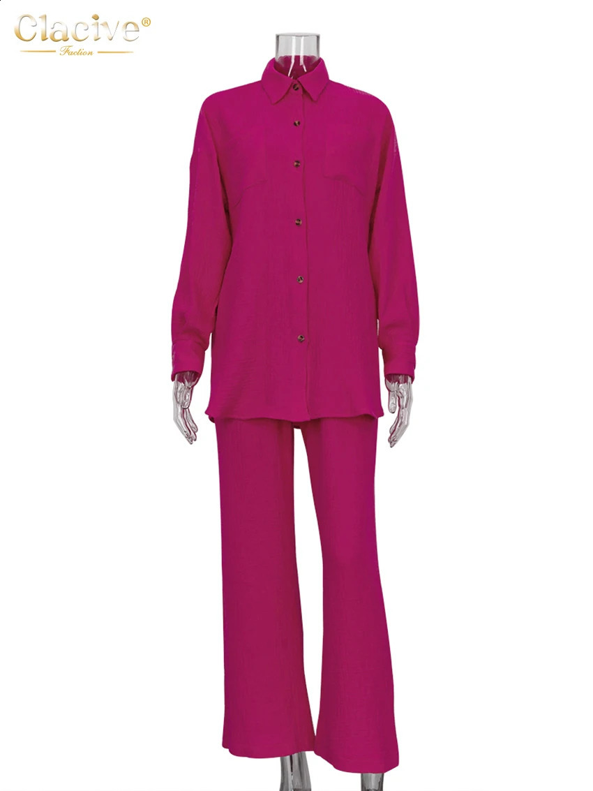 Clacive Casual Loose Pink Two Piece Pants Set Women Fashion Long Sleeve Blouses Matching Wide Trousers Suit Lace-Up Pant Sets 240813